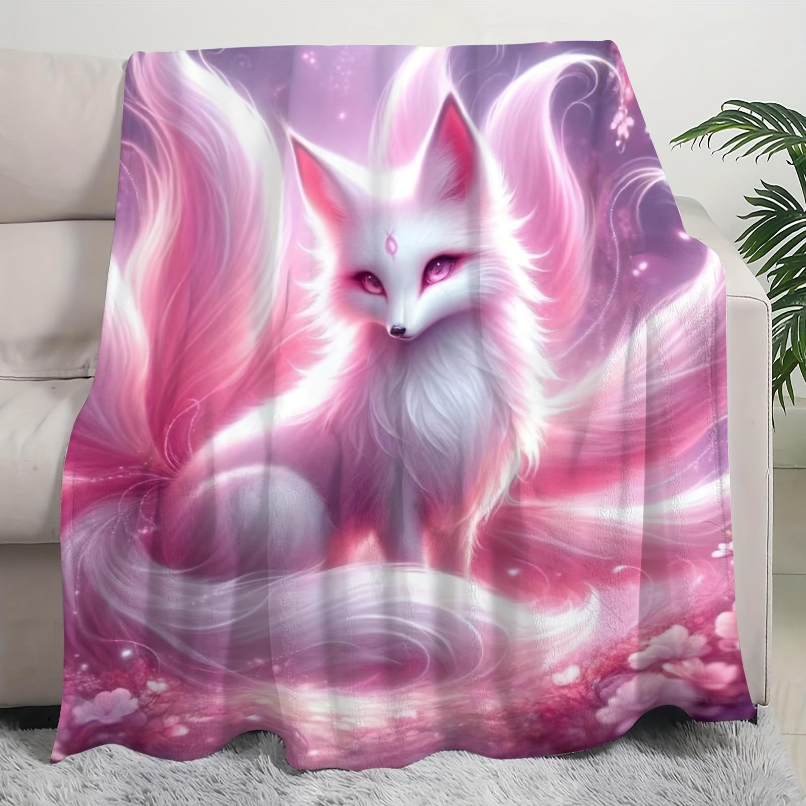 1pc Pink Nine-Tailed Fox Series Flannel Blanket  All-Season Comfort Suitable As A Warm Cozy Blanket For Home Sofas, Bedding, Office Napping, Travel, And Camping, Perfect As A Gift For Friends And Family