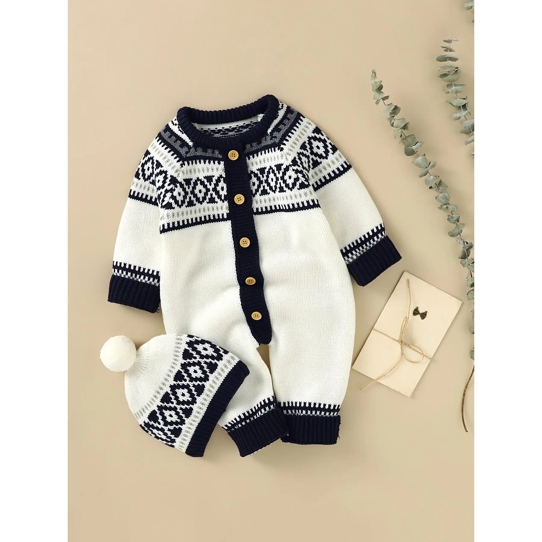 Newborn Infant Geometric Pattern Sweater Romper Long Sleeve Button Jumpsuit & Hat For Toddler Baby Boys And Girls, Suitable For Indoor And Outdoor Wear