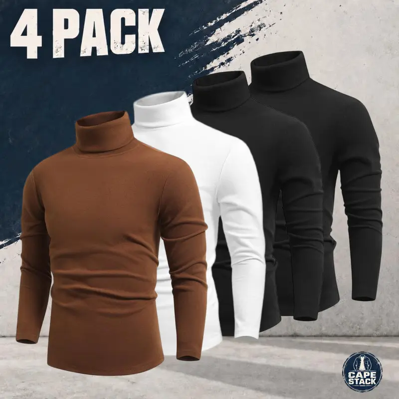 Men's Plain Long-Sleeve Turtleneck Tshirt - 4-Piece Assorted Color Casual Menswear Top for Everyday Wear, Plus Single-Item Options (Garment Quantity & Size Noted in Each Selection)