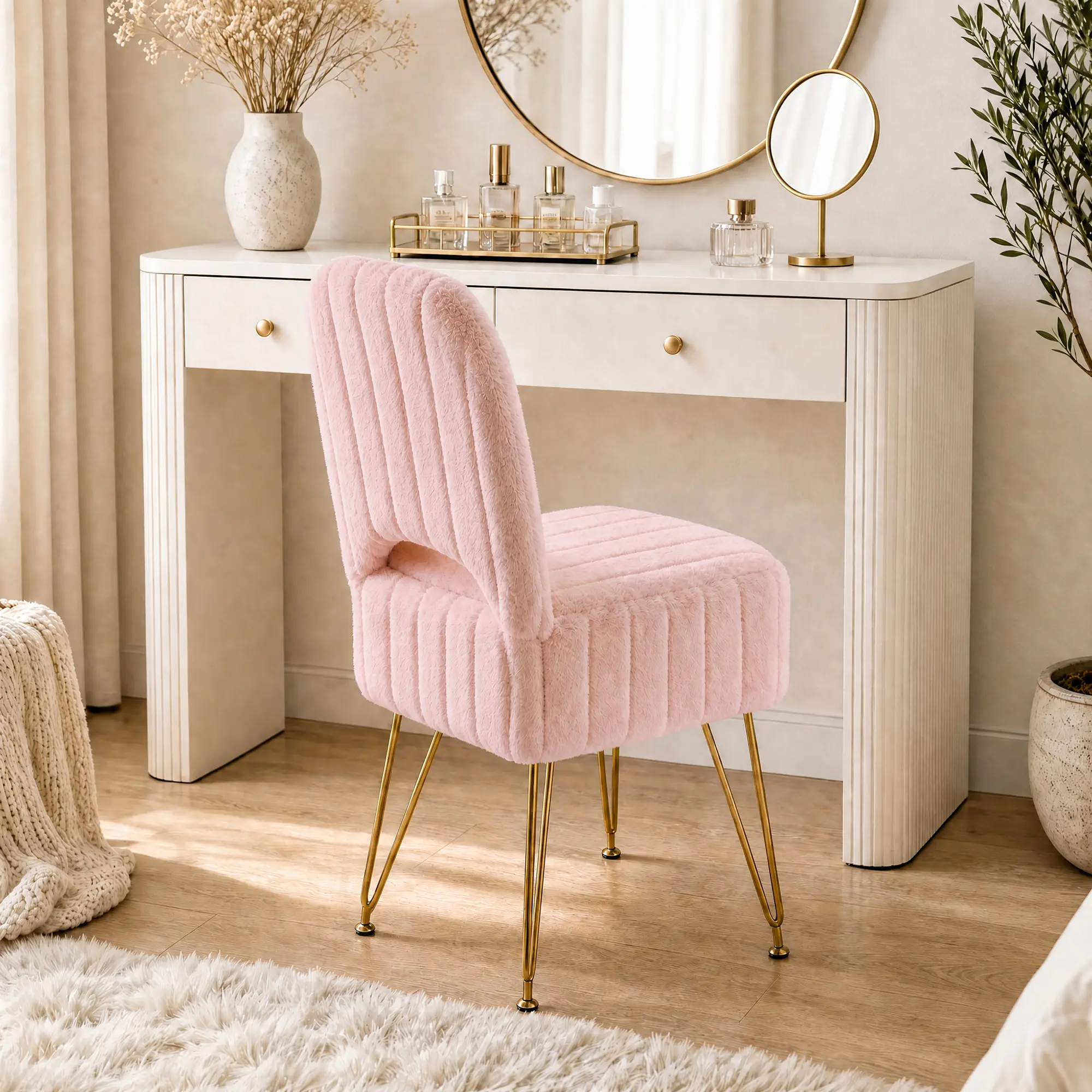Square Faux Fur Vanity Stool with Backrest & Hidden Compartment, 280 Lbs Weight Capacity, Small Modern Ottoman for Bedroom, Living Room