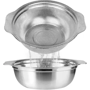 Stainless Steel Colander Set for Kitchen, 2PC 2.5QT Rice Washer Strainer with Mixing Bowl, Microporous for Washing Rice Pasta Spaghetti Fruits, Dishwasher Safe