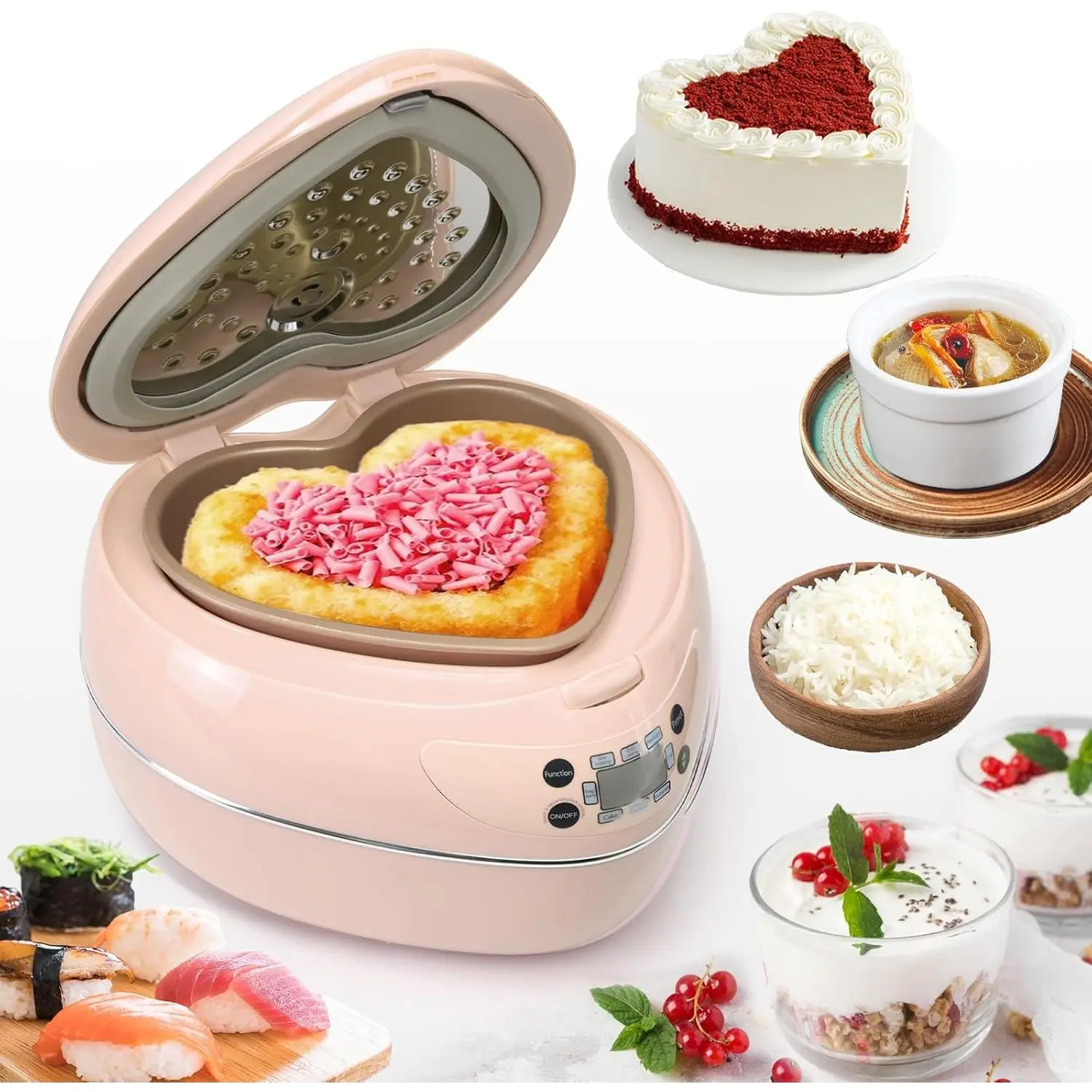 Peach Heart Shape Rice Cooker 8 Cup Cooked, 4 Cup Uncooked Rice, Multifunctional Pink Rice Cooker, 300w, with Preset Timer, 1.8L (Light Pink)