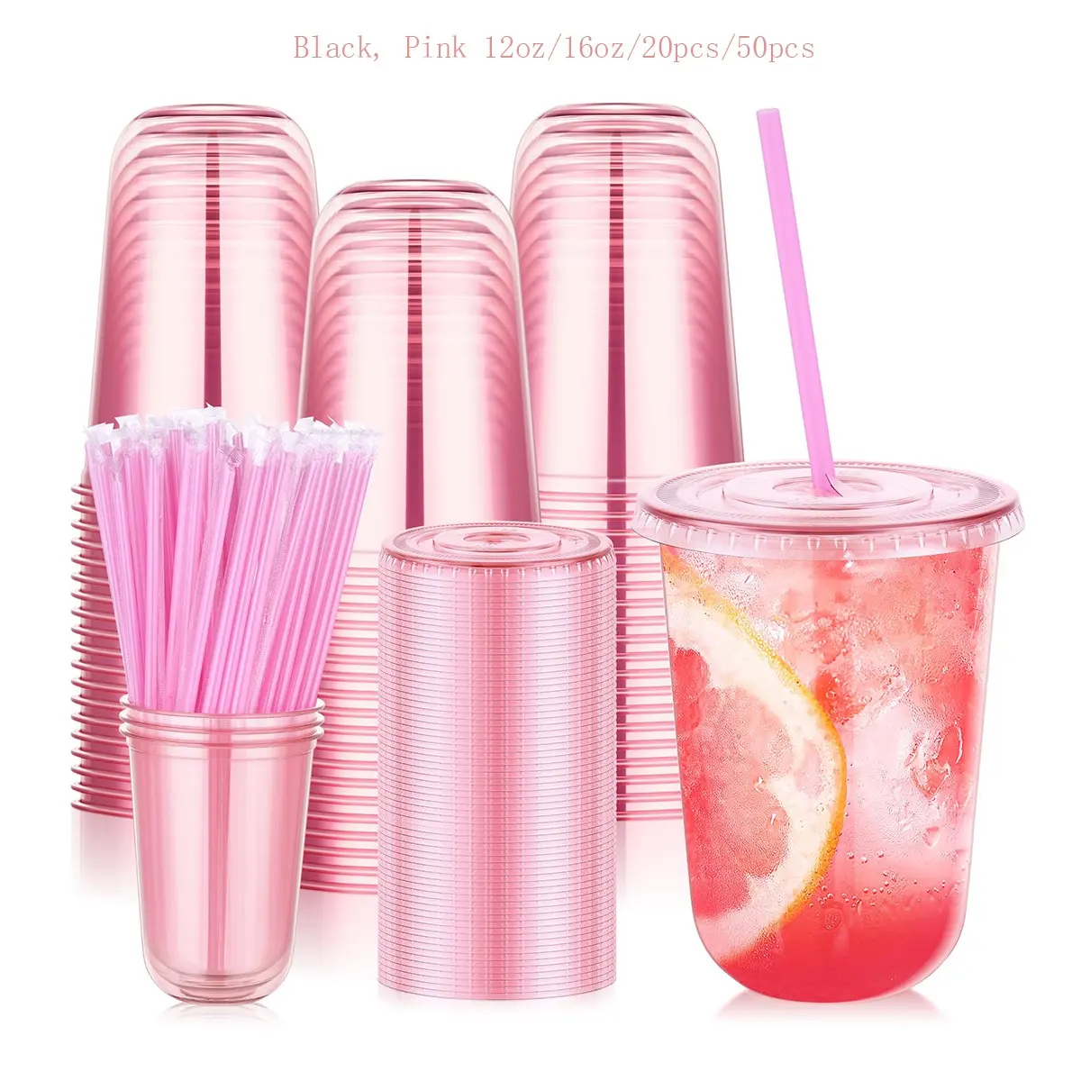 20/50 Sets 12/16oz Plastic Cups with Lids and Straws, Disposable / Transparent Ice Coffee Cups, Clear Plastic Cups, Party Supplies for Holidays