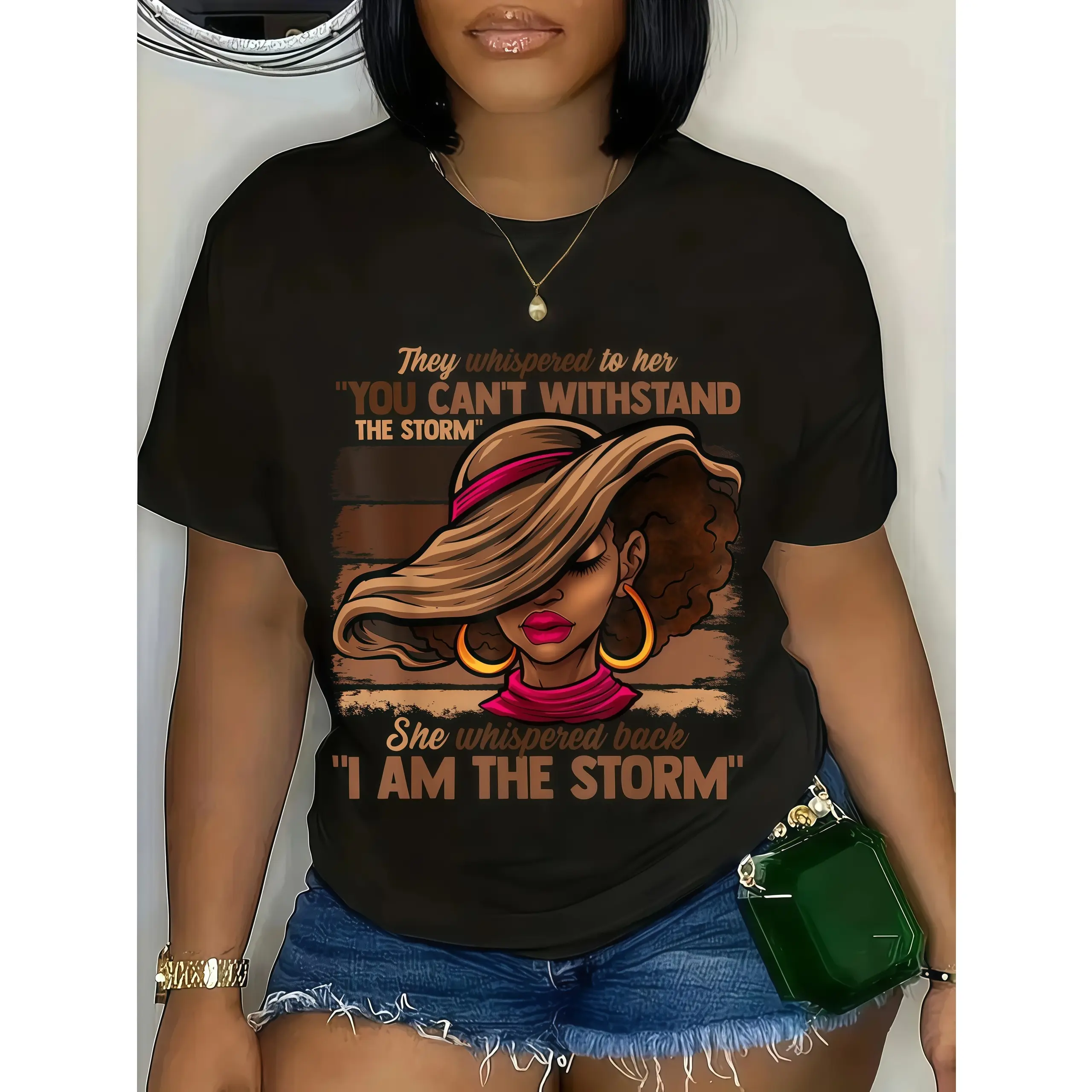 Women's "I Am The Storm" Graphic Short-Sleeve Tee - Melanin Empowerment, Vintage Oversized Athletic Top, Inspirational Streetwear for Everyday Uniform Vibe & Matching Outfits, Shortsleeve