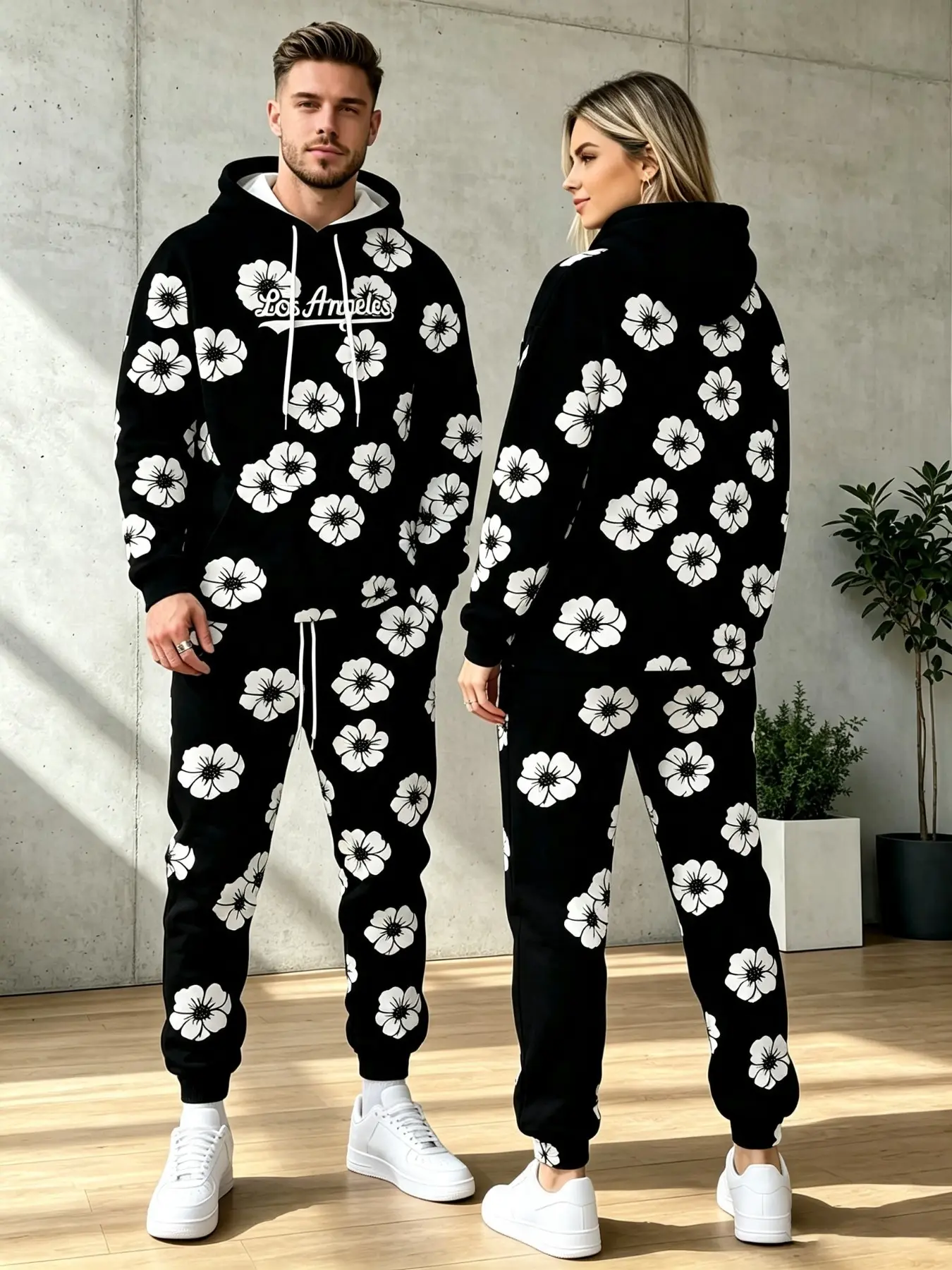 Couple Matching Two-Piece Set, Floral Print Drawstring Hoodie + Pants, Flower Pattern Loose Sports, Unisex Streetwear