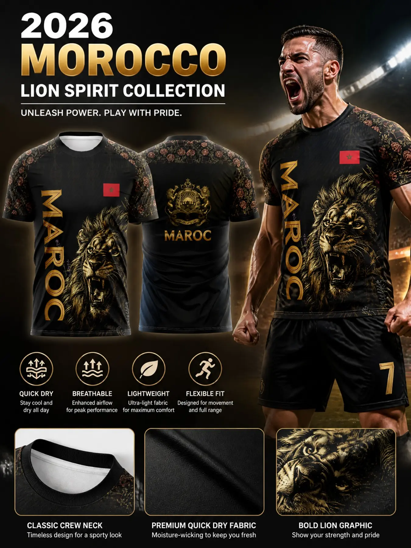 Morocco National Team Soccer Jersey, Gold Atlas Lion Print, Floral Shoulder Decor, Quick-Dry Breathable, Unisex Adult Football Shirt, Lightweight Jersey