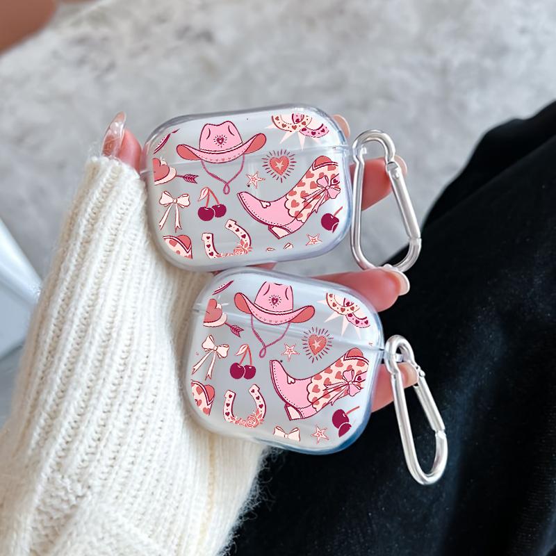 Pink Cowgirl Dream Pattern TPU Soft Protective Case for Apple AirPods 4/3/2/1/Pro/Pro2 Transparent Earphone Cover with Keychain Attachment
