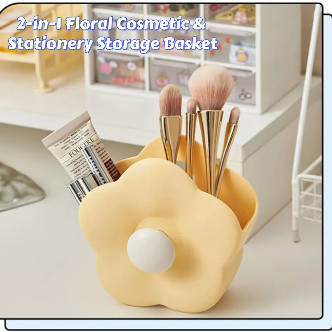 Cute Flower Makeup Brush Holder, 2 in 1 Wall Mount & Desktop Organizer, Large Capacity Storage Basket for Vanity Bathroom