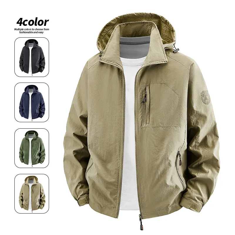 Men's Windbreaker Jacket Lightweight Hooded Tactical Outdoor Hiking Mountain Shell Coats With Chest Zipper Pocket Mesh Lining Sleeve Badge Velcro Cuffs Bird Windproof Bird Waterproof Bird Rain Outerwear Bird Tops Bird Khaki Green Black cozy clean 4-Colors