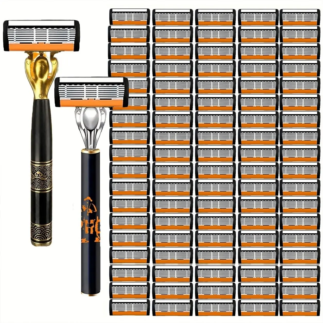 Men's 2-Handle 90-Piece 6-Layer Manual Shaving Tool Razor Set, Non-Slip Metal Handle, Durable Stainless Steel, Multiple Replacement Blades, Shaver Set, Shaving Razors