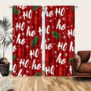 2-Pack Christmas Leaf Letter Pattern Curtains, Light Filtering, Living Room Bedroom Kitchen Decor, Privacy Sunshade, Semi-Transparent Rod Pocket Design