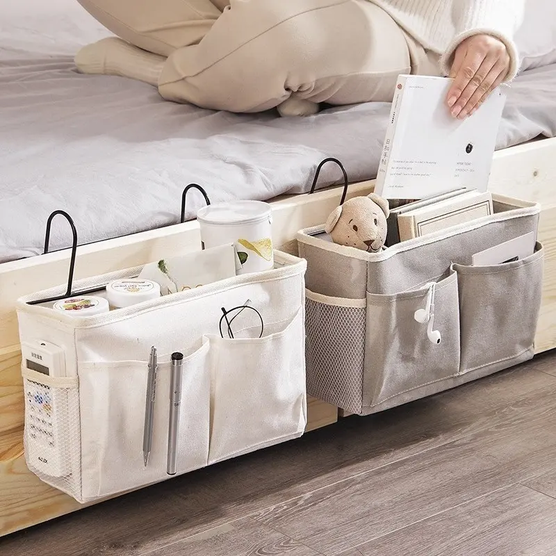 Linen Cotton Bedside Hanging Storage Caddy for Dorm, Multi-Pocket Wall Hanging Sundry Organizer Basket for Students