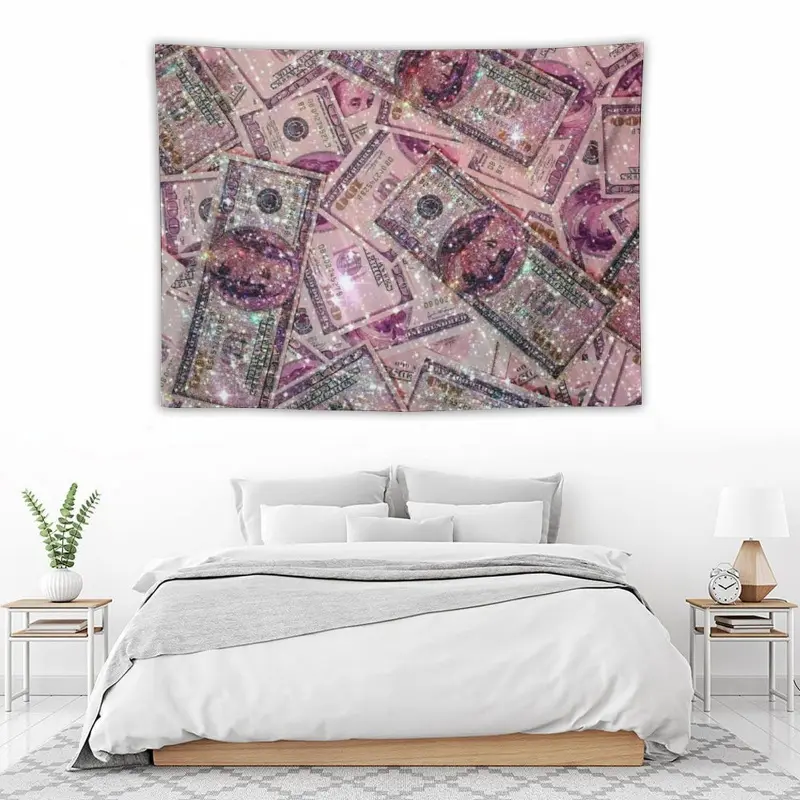 Y2K Glitter Pink Money Tapestry Sparkle Dollar Bill Collage Pattern Wall Hanging Trendy Preppy Teen Girl Room Decor Aesthetic Cute Dorm Background Banner Gift