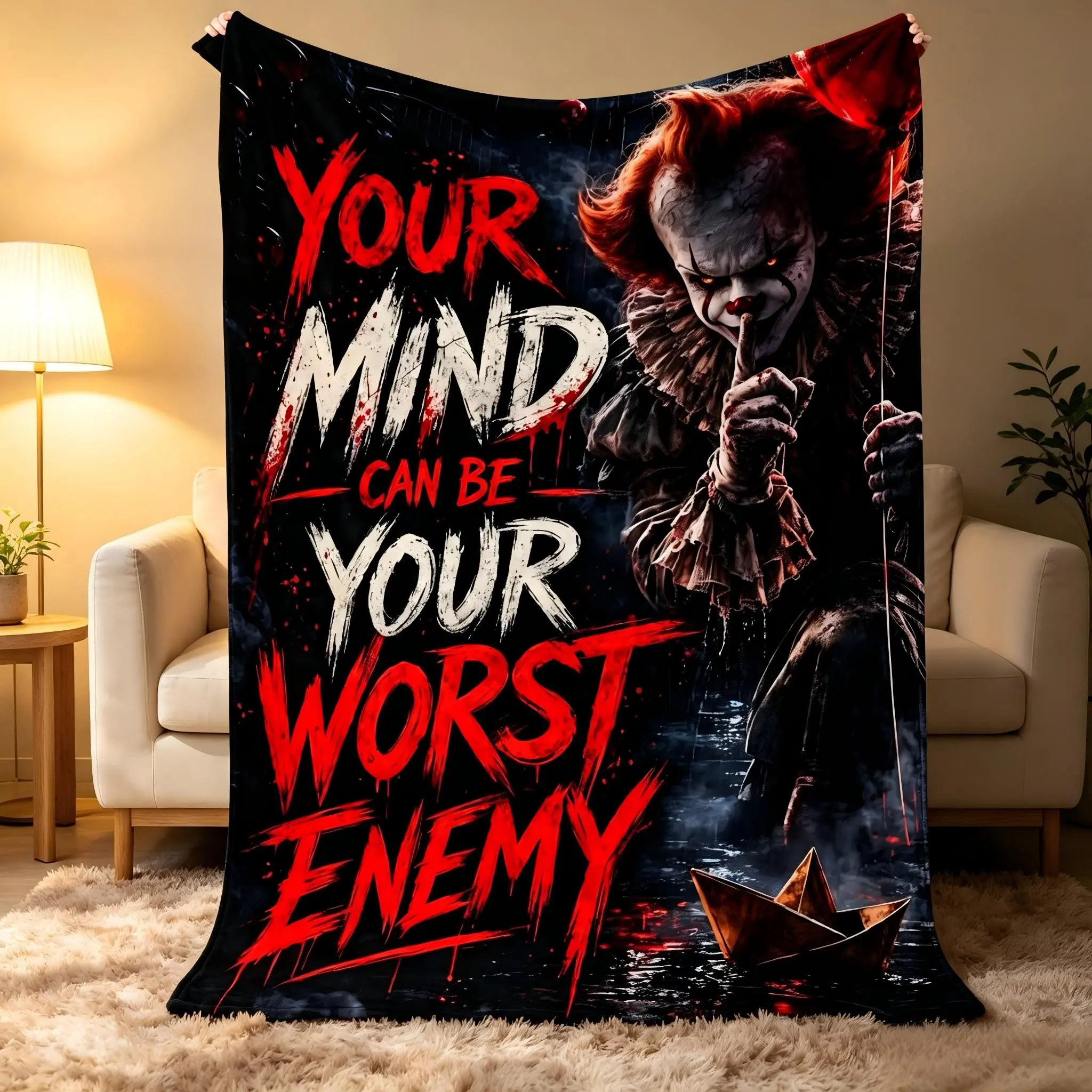 Scary Pennywise Balloon Horror Movie Blanket, Ultra-Soft Flannel, Ideal for Sofa, Camping, Halloween Decor, Cozy and Durable, Flannel Throw Blankets