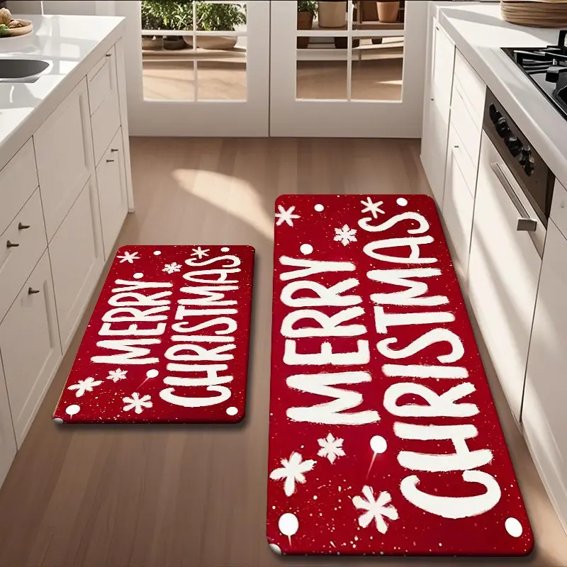 2pcs/3pcs Flannel Kitchen Mat Set, Base with 'merry Christmas' Text, Snowflake Design, Non-Slip, Absorbent