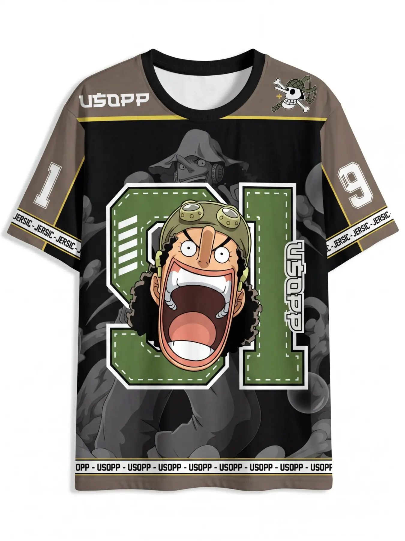 Authentic Official Licensed One Piece Boys 2 Piece Sport Outfit Usopp Sniper Number 91 All Over Print Short Sleeve Jersey Top & Matching Shorts Lightweight Breathable Anime Manga Tracksuit For Kids Boys 4-13 Tennis Sports Birthday Summer Casual Outfit