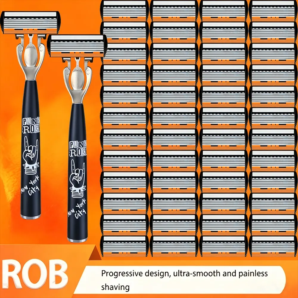 Punk Rock Men's Manual Shaving Kit, Stainless Razor Set, 2 Razors with Non-Slip Handles, 48 Replacement Blades, Smooth Shave, Dry/wet Use, Gift-Ready