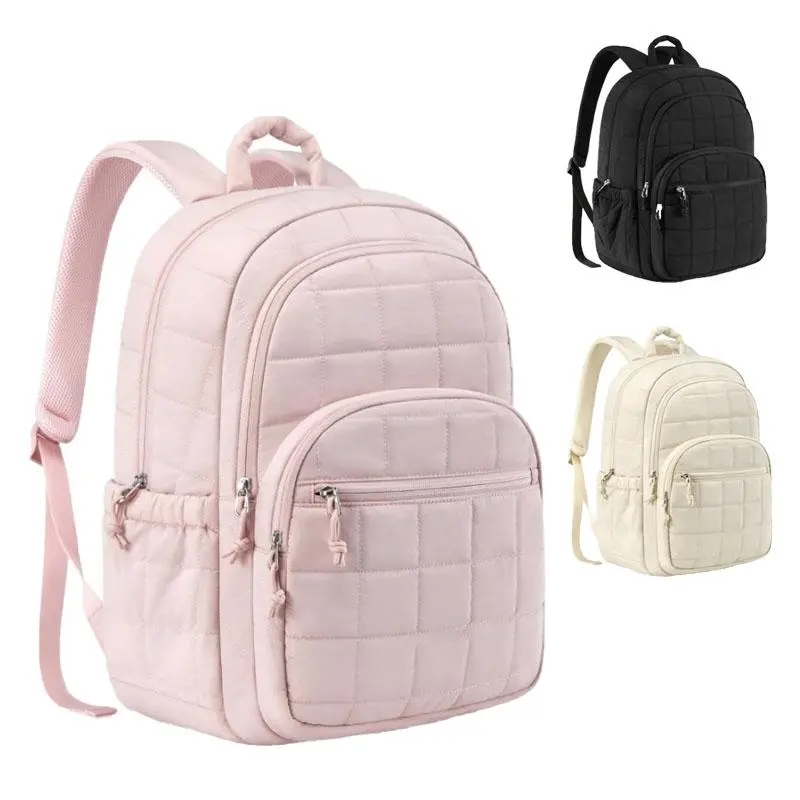 Preppy-style laptop backpack, women's travel backpack, quilted casual daypack, water-resistant bookbag fitting a 15.6-inch laptop