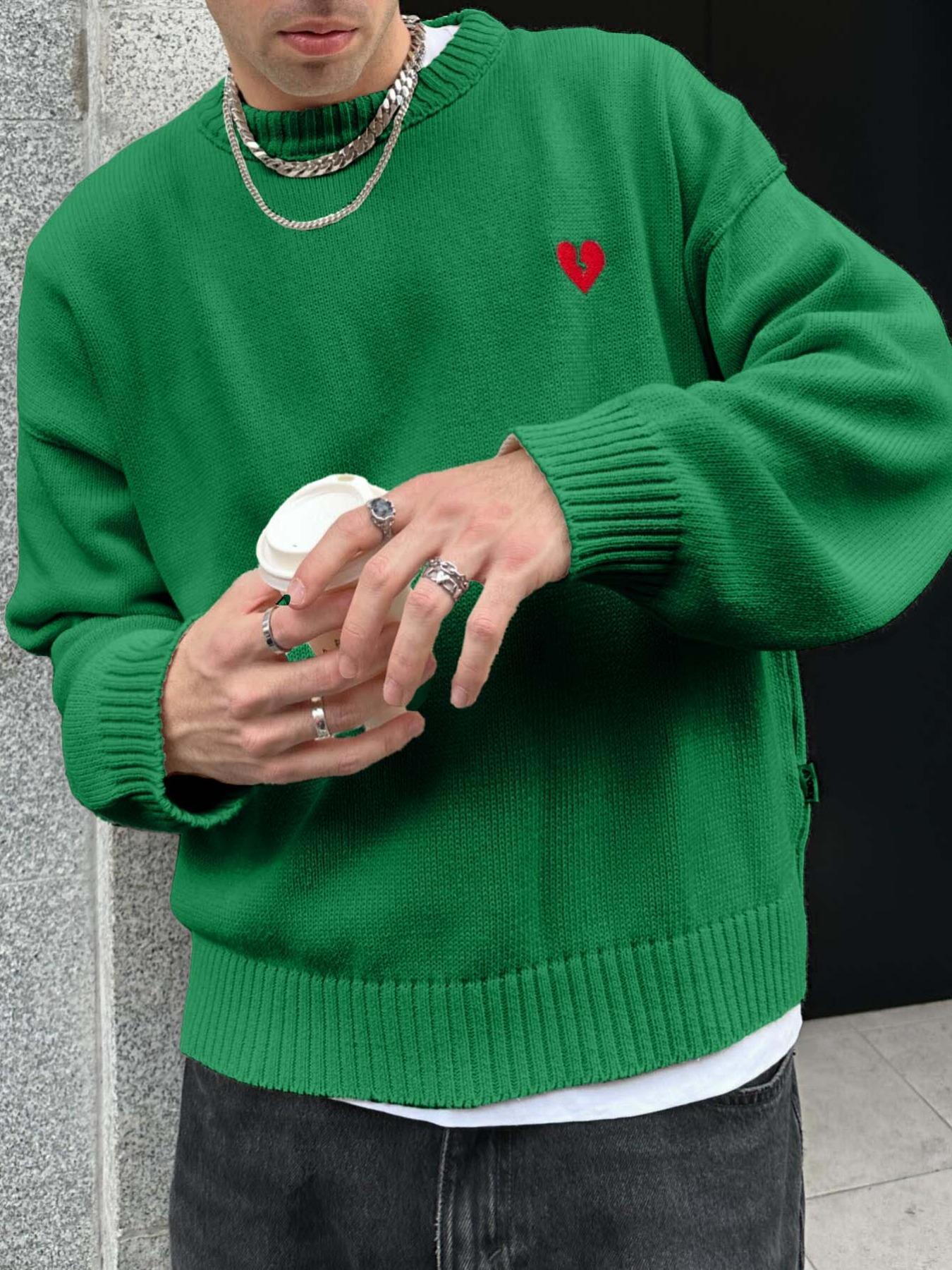 Men's Heart Embroidery Drop Shoulder Sweater, Casual Comfy Pullover, Loose Casual Long Sleeve Round Neck Jumper for Fall & Winter, Fashion Men's Knitwear for Daily Wear