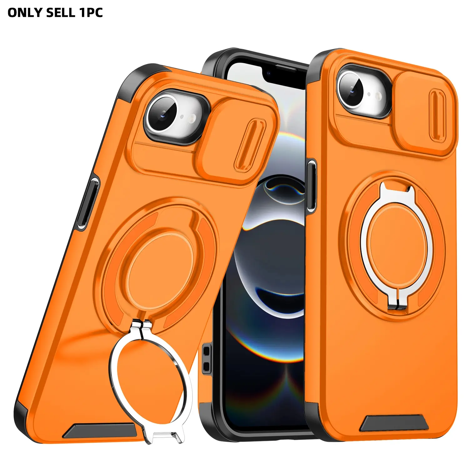 for iPhone 17E 16E (6.1") Shockproof Case with Rotating Phone Ring Holder Kickstand/Slide Camera Cover, Compatible with MagSafe, Hard Plastic Shell Protective Rugged Magnetic Slim Cover