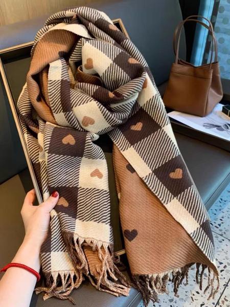 Plaid & Heart Pattern Tassel Decor Scarf, Elegant Soft Warm Thick Shawl for Women & Men, Fashion Accessories for Fall & Winter, Checkered Scarf