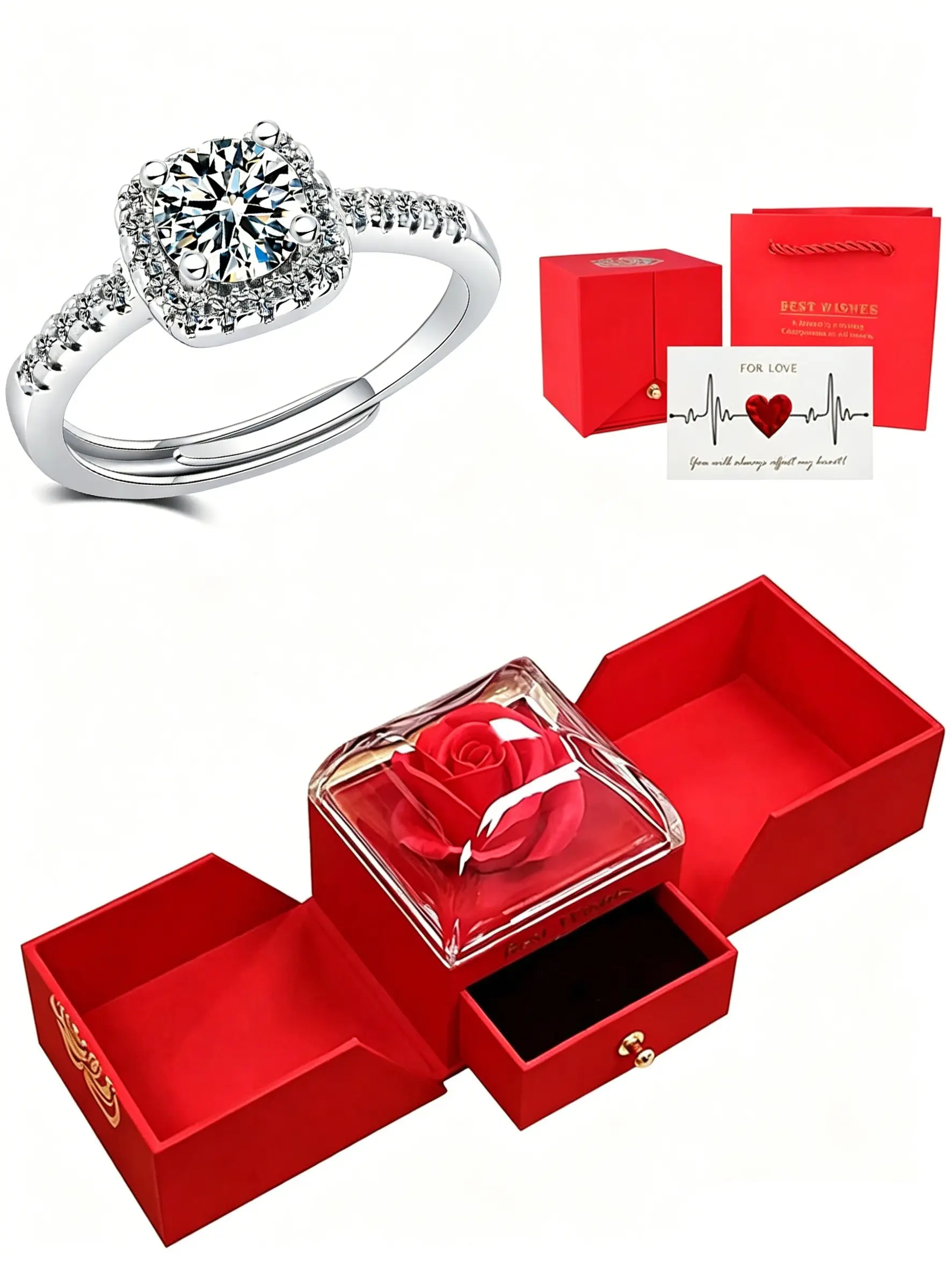 Square halo zircon promise ring, Wedding anniversary ring with rose gift box set. Adjustable open women’s engagement ring with fully paved side stones. Ideal romantic gift for Valentine’s Day, anniversaries, birthdays
