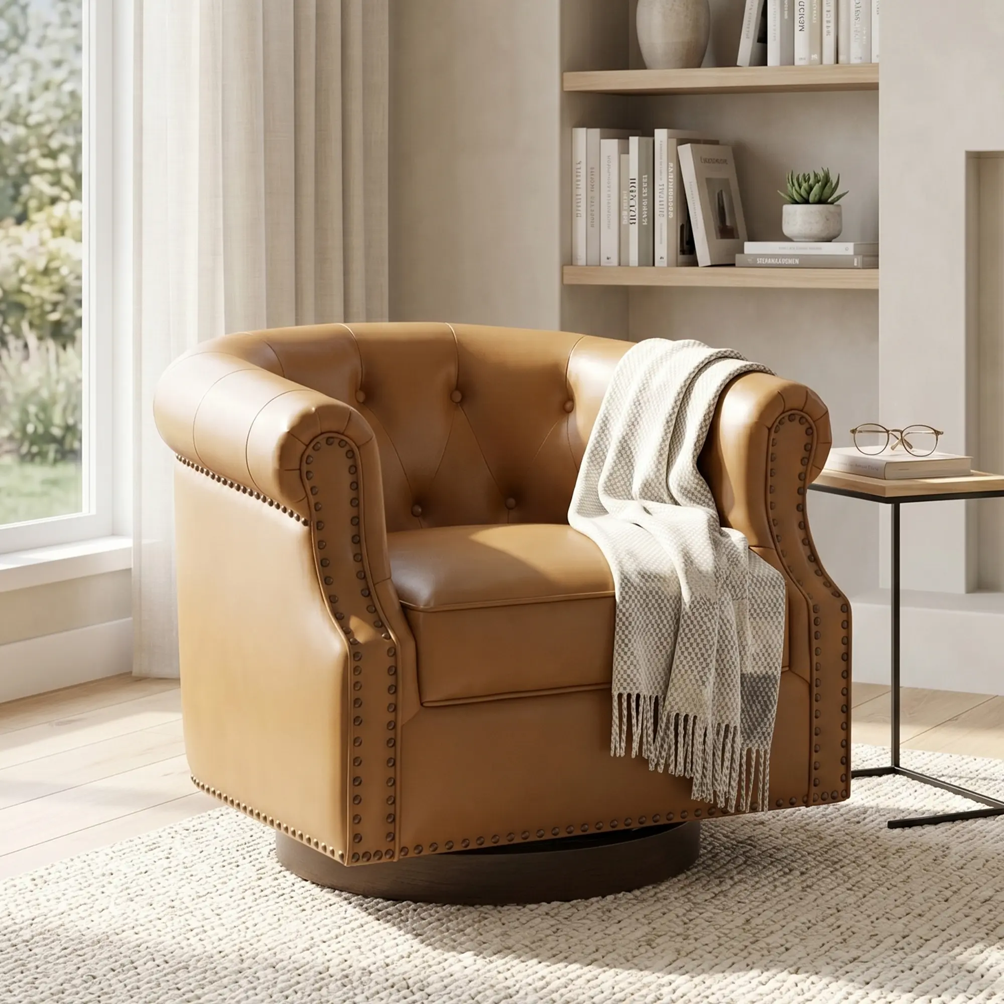 ARCH Swivel Accent Chair PU Leather Upholstered Armchair Curved Back Club Chair Barrel Chair with Tufted Design Bent Wood Base for Living Room Bedroom Office, Brown, Dining Room Chairs for Kitchen, Dining Room, Living Room, Restaurant Style Seating