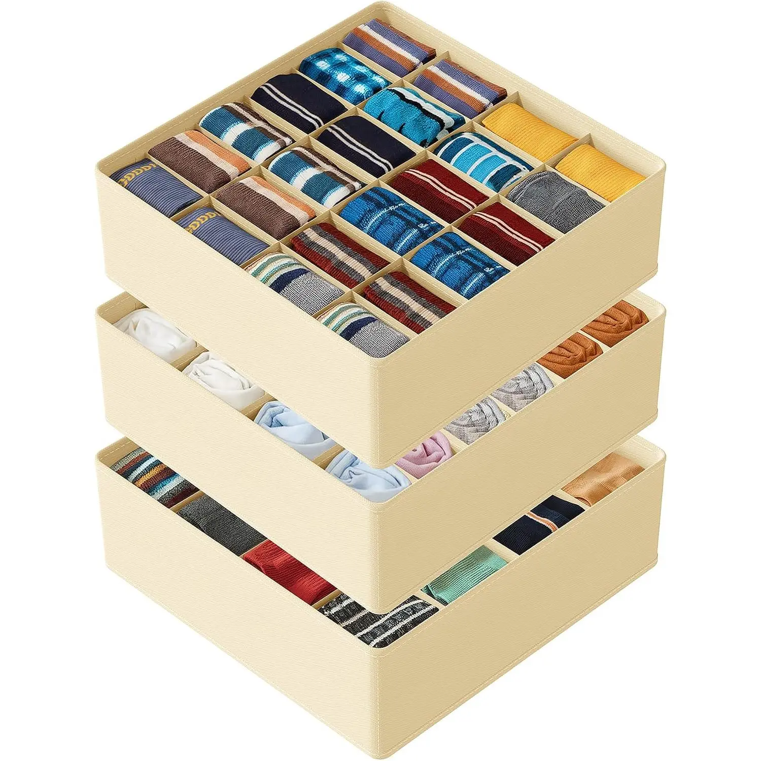 Sock Drawer Organizer Divider 3 Pack, 64 Cell Dresser Closet  Underwear Organizers Storage Bins for Organizing Socks Underwear Ties Belts (Beige)