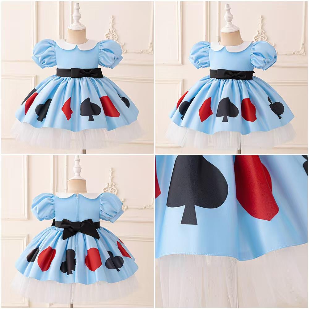 01 Kids Young Girls Christmas/Halloween/Party Dress Tulle Bubble Sleeves Blue Mesh Stage Performance Alice in Wonderland Dress Bead Decoration Princess Party Outfit