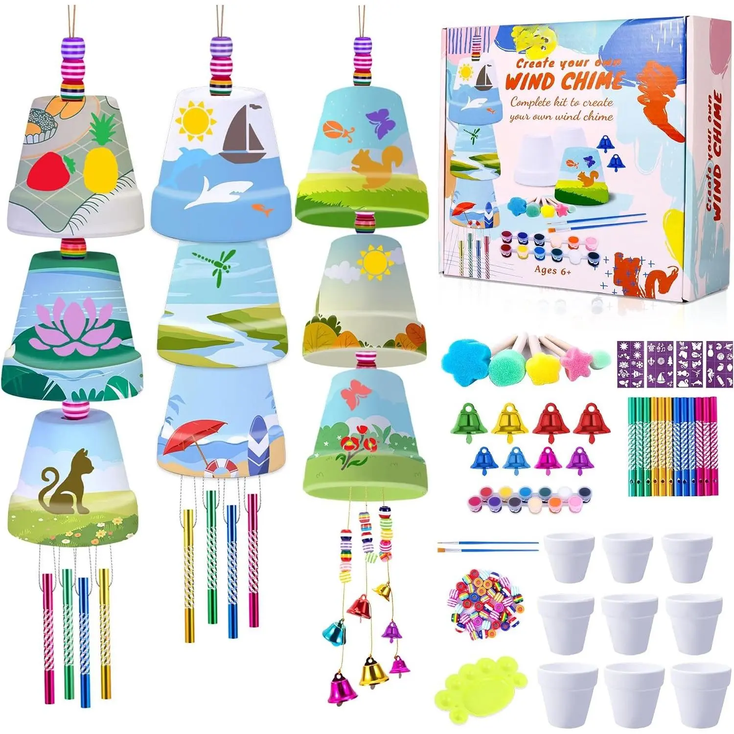 3 Pack Wind Chime Making Kit- Wind Chime Craft Painting Kit | Ceramic Pot, Bells, Stencils and Beads DIY Crafts Gifts for End of Year Student, Christmas, Birthday, Summer Decor