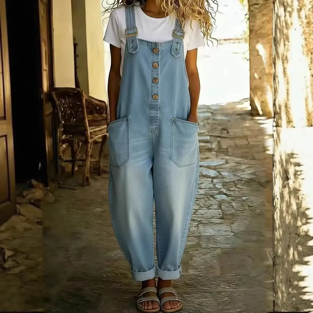 2026 American retro distressed loose-fit plus-size women's washed denim jumpsuit