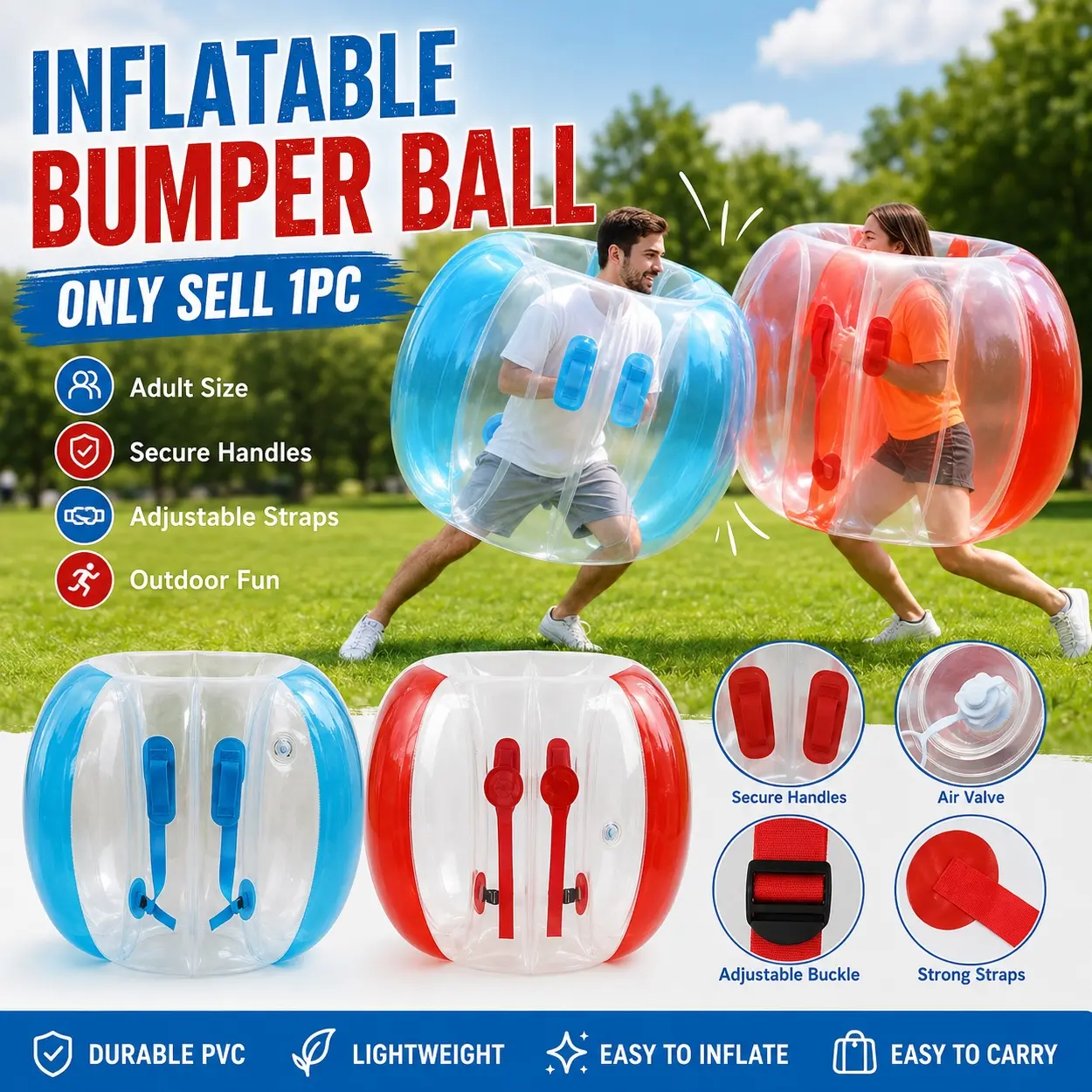Adult Inflatable Bumper Ball, Bumper Balls For Adults, Wearable PVC Sumo Zorb Bubble Ball with Handles, Adjustable Straps and Air Valve, Outdoor Bouncing Activity Equipment for Backyard, Lawn, Park, Team Events, Parties
