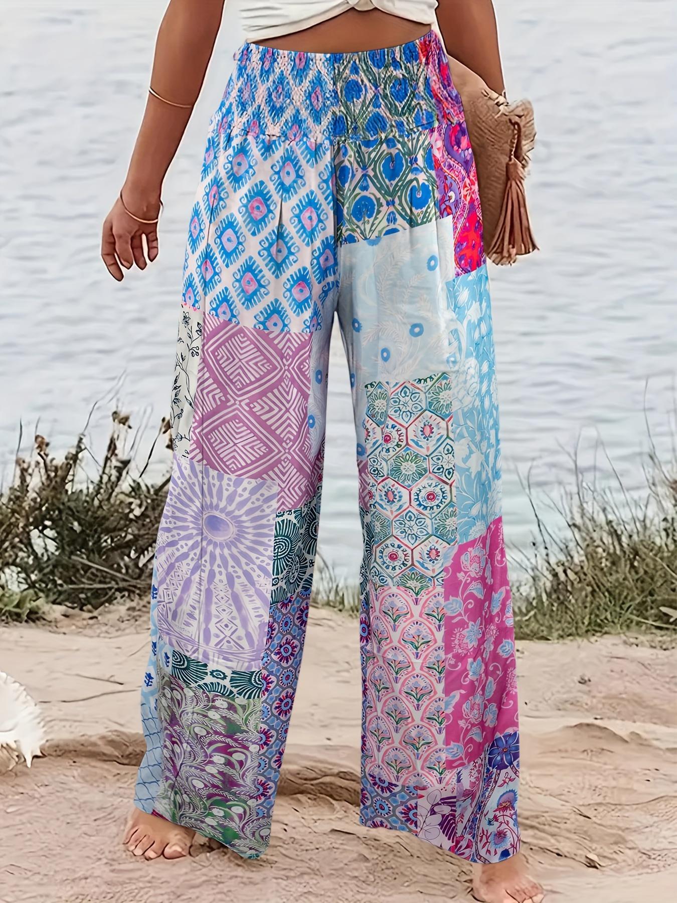 Women's Patchwork Print Elastic Waist Wide Leg Pants, Casual Loose Pants, Boho Bohemian Casual Trousers for Beach Vacation Holiday, Ladies Bottoms for All Seasons