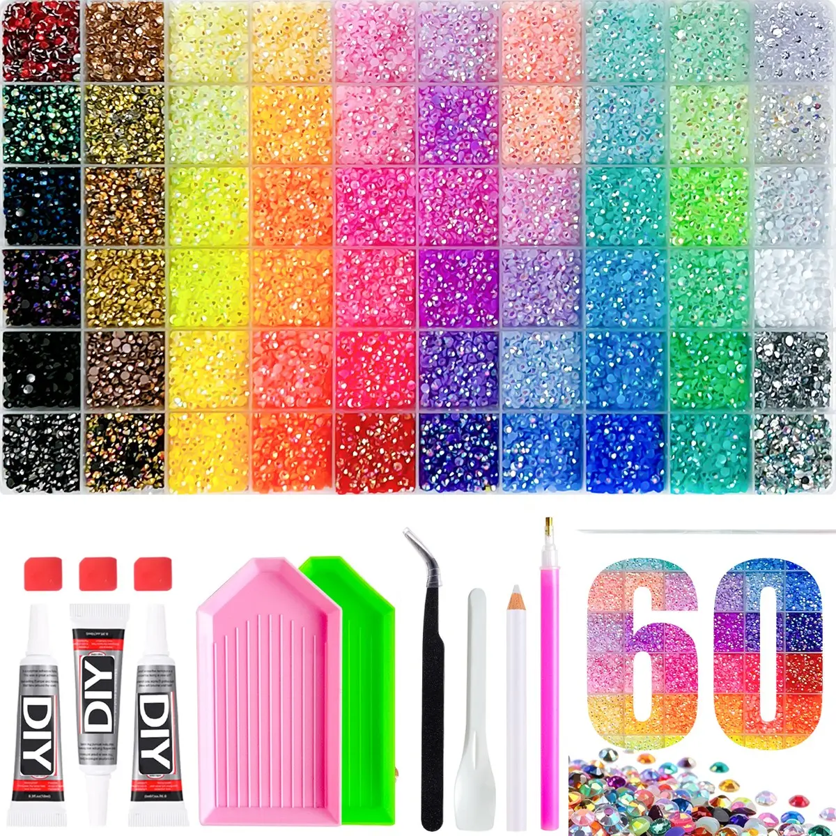 Sparkling Vibrant Shimmering Shiny Bedazzling Kit 60-Color Crystal Set, Complete Tool Kit Included, Easy to Use for Beginners, Perfect for Crafting and DIY Projects ultimate creative gift for her,graduation gift,class Jelly Rhinestones /Diamong Art。foryou