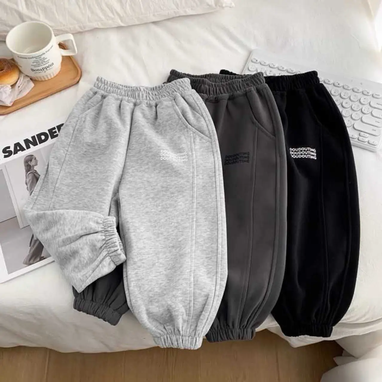 Easy Cuffed Sweatpants for Boys Aged 4-8 in Gray And Black, Featuring a Basic Design with Colorful Accents. These Stylish Yet Comfortable Pants Are Perfect for Everyday Wear for Little Ones. New Autumn Collection for Older Kids in 2026, for Outdoor