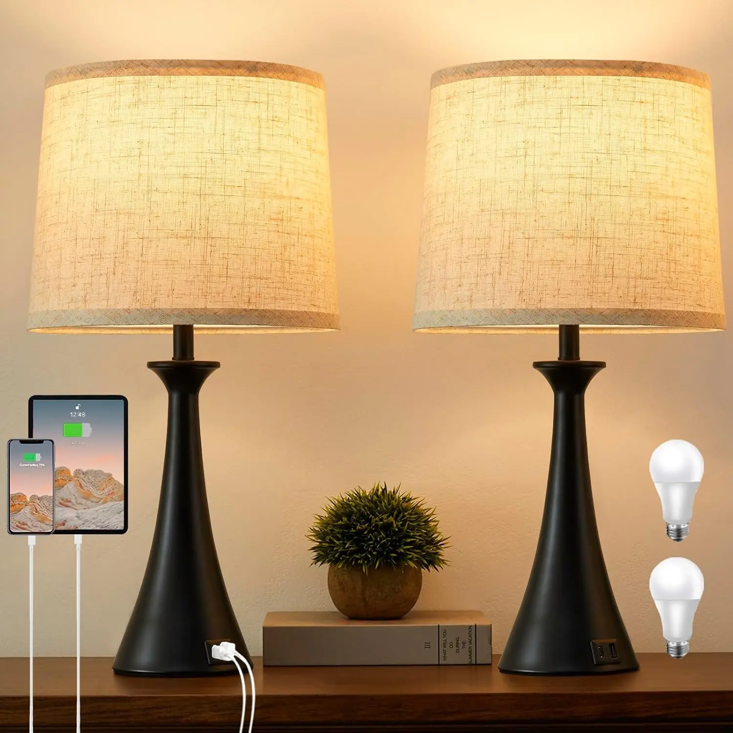21" Set of 2 Touch Table Lamps for Living Room Bedroom 3 Way Dimmable Touch Bedside Lamps for Nightstand with USB C+A Ports 2 LED Bulbs Included Black