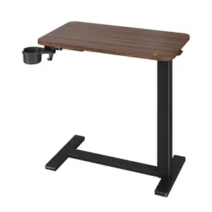 Height Adjustable Overbed Table for Patient Care – Pneumatic Take a seat-Stand Mobile Desk with Cup Holder – Walnut Wood Top & Steel Frame – for Bed, Sofa, Home Office