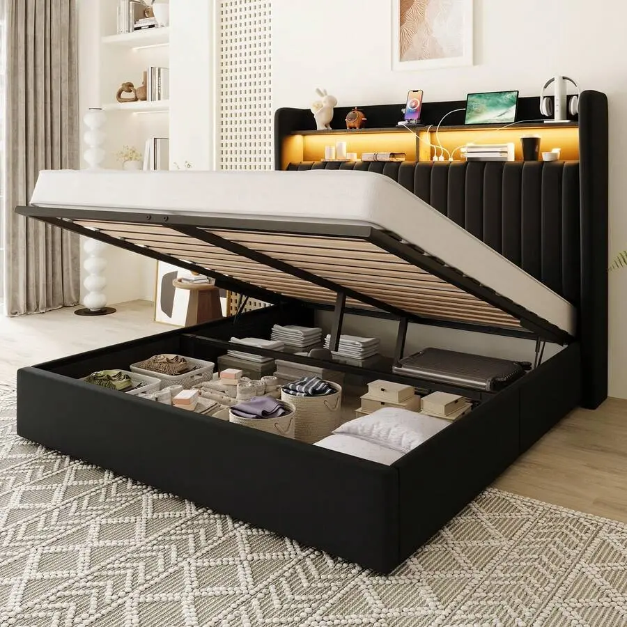 Allewie Full/Queen/King Size Lift Up Hydraulic Storage Bed Frame, 2-Tier Shelf Headboard With LED Lights And Charging Station, USB And Type C Ports, Wingback Velvet Headboard, No Box Spring Needed, Black/White/Grey