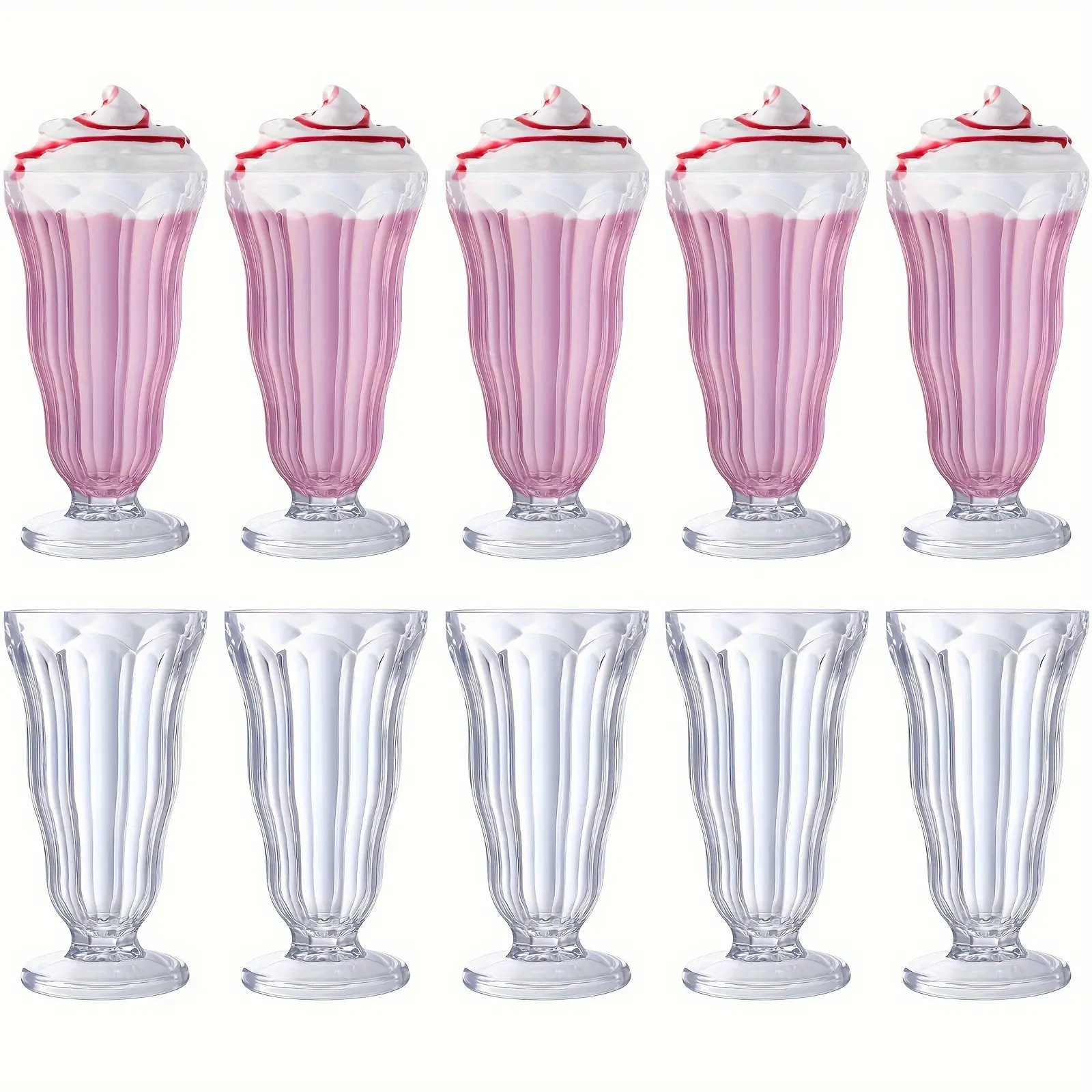 10pcs Milkshake Glasses 16 Oz Old Fashioned Soda Glass Footed Ice Cream Cups Clear Shatterproof Sundae Glasses Thick Plastic Fountain Glasses For Juice Sundae Milk Tropical Drinks Party