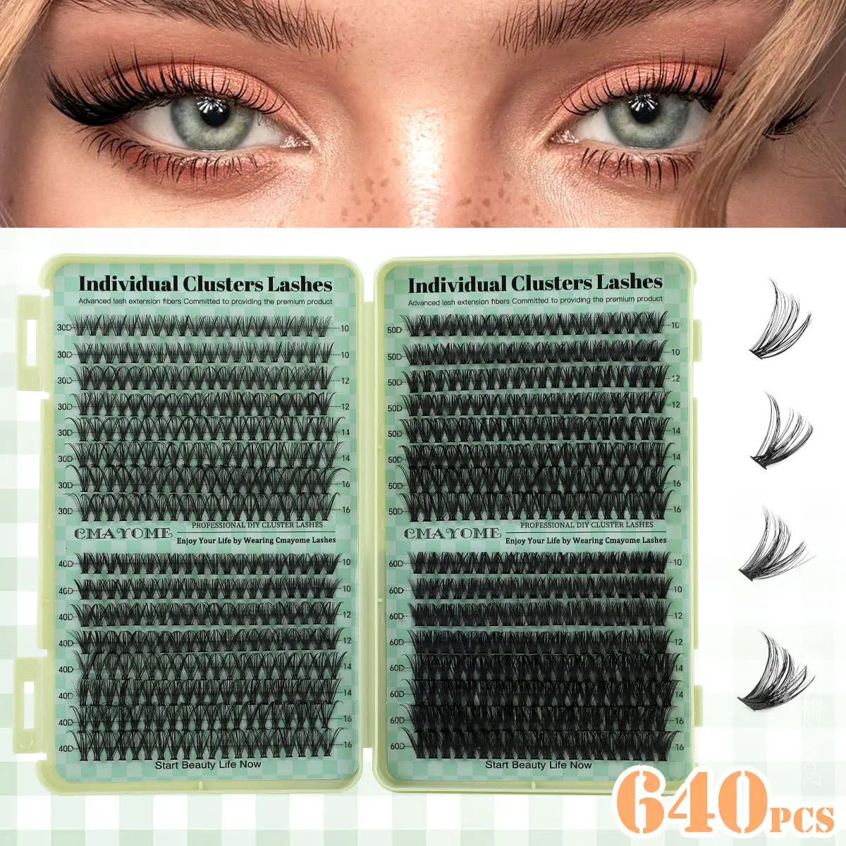 640 PCS Personal Eyelash Bundle High Volume 30D+40D+50D+60D 10-16mm DIY Eyelash Bundle Extra Thick, Natural Look And Density, Ultra Soft,  Reusable Individual Split False Eyelash Eyelash Extension Kit