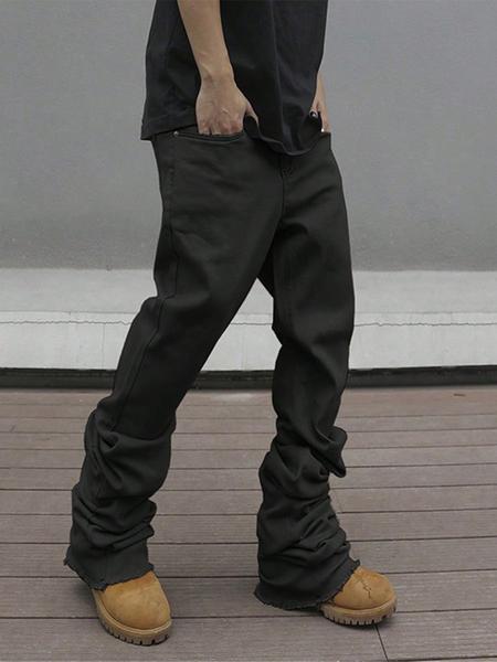 Men's Solid Color Button-Fly Flared Jeans - Slim-Fit & Casual Style, Comfortable with Pockets, Featuring Frayed Cuff Design. Suitable for Daily Wear; Also a Versatile All-Season Bottom for Men (Extended Fit).