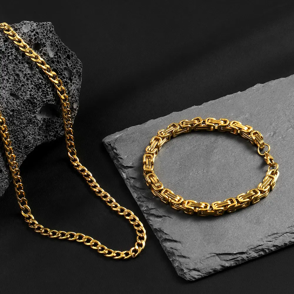 Men's Stainless Steel Necklace and Bracelet Set, Punk Style Edgy Design Byzantine Chain Jewelry, Fashionable Jewelry Set, All-Season Fashion Accessories