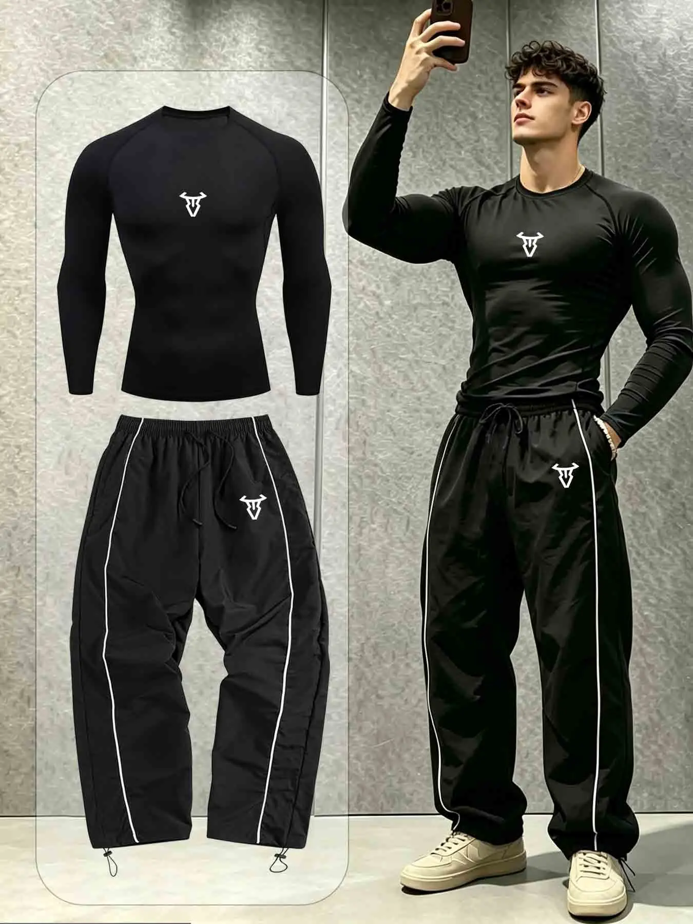 Men's Trendy Fitness Bull Head Symbol Print 2-Piece Set, Gym Outfit, Stretch Slim-fit Long Sleeve Top With Wide Leg Sports Pants(Side White Stripes, Adjustable Cords At Pant Hem), Breathable Quick-dry For Gym Exercise Daily Street Outings