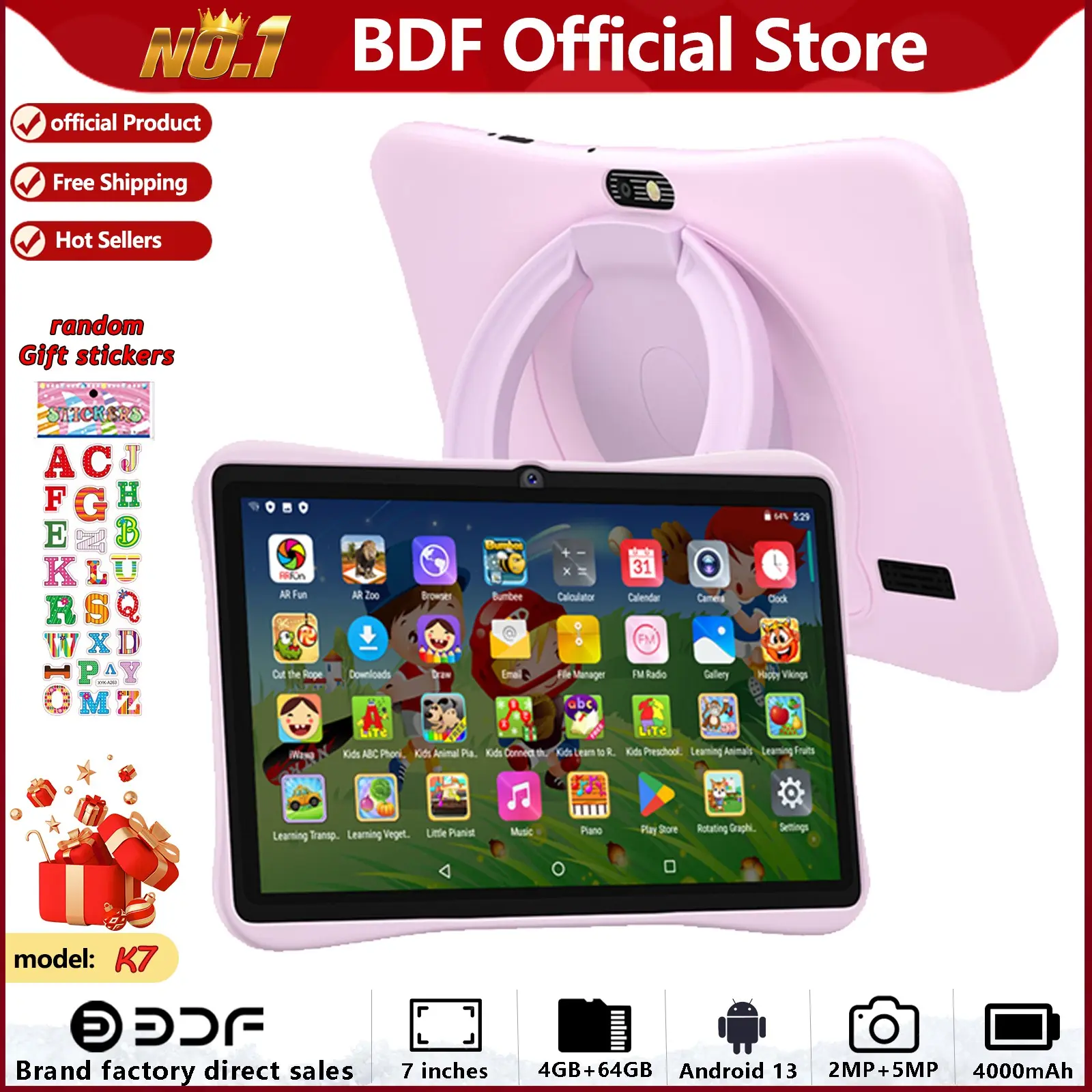 Educational Tablet, 7-Inch Android 13, 4GB RAM 64GB Storage, Quad-Core Processor, HD Screen, Dual Cameras, Long Battery Life