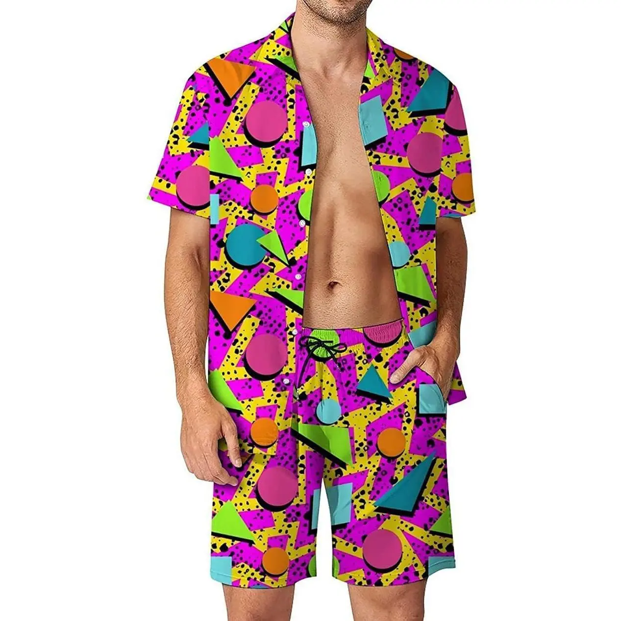 Mens 2 Pieces Vintage Shirts and Shorts Set 80s 90s Outfit Button Down Beach Suit Quick Dry for Vintage Halloween Party