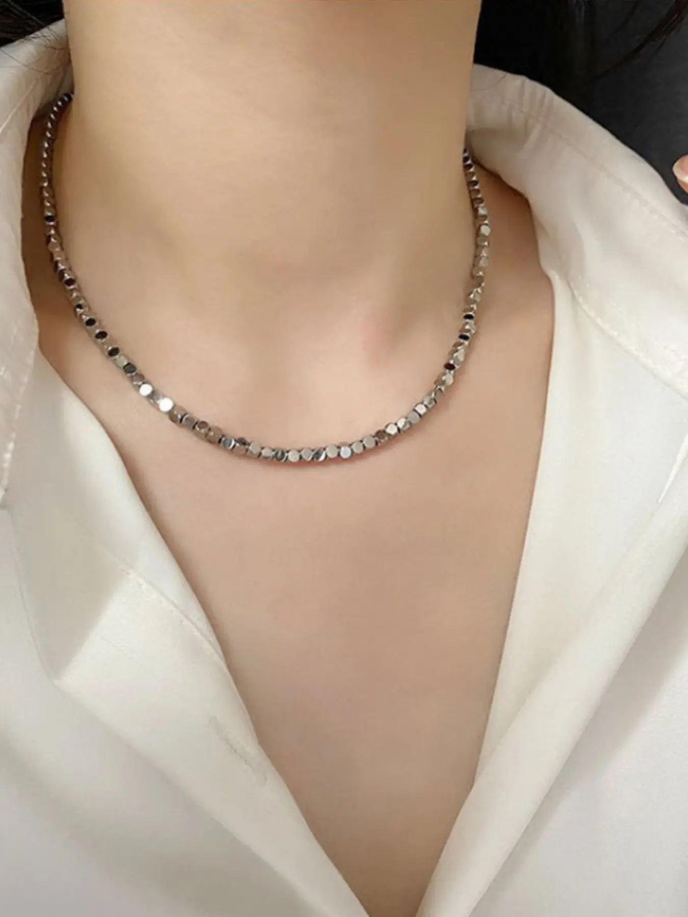 Hypoallergenic Stainless Steel Cube Bead Chain Necklace, Short Unisex Jewelry, Fashion Durable Accessory, Ideal for Daily Wear,Perfect gift for her/him