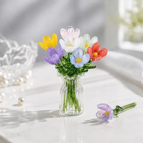 1 Set (7 Flowers + 1 Vase) Handcrafted Mini Glass Artificial Flower Ornaments, Decorative Fake Floral Decor, Mixed Flower Set for Gifting and Event Decorations, DIY Faux Bouquet for Home Decor, Tabletop Ornament for Events