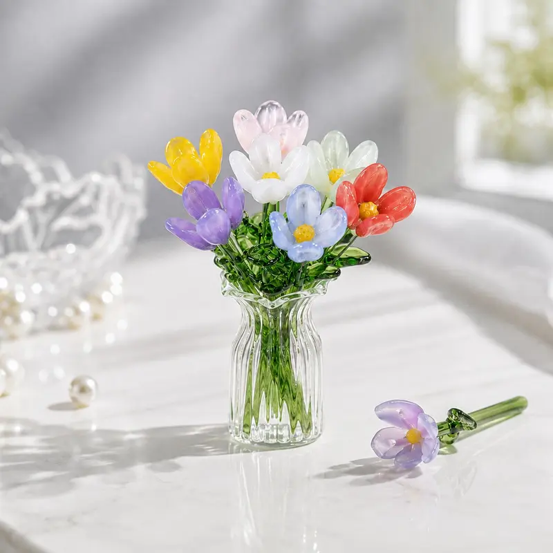 1 Set (7 Flowers + 1 Vase) Handcrafted Mini Glass Artificial Flower Ornaments, Decorative Fake Floral Decor, Mixed Flower Set for Gifting and Event Decorations, DIY Faux Bouquet for Home Decor, Tabletop Ornament for Events