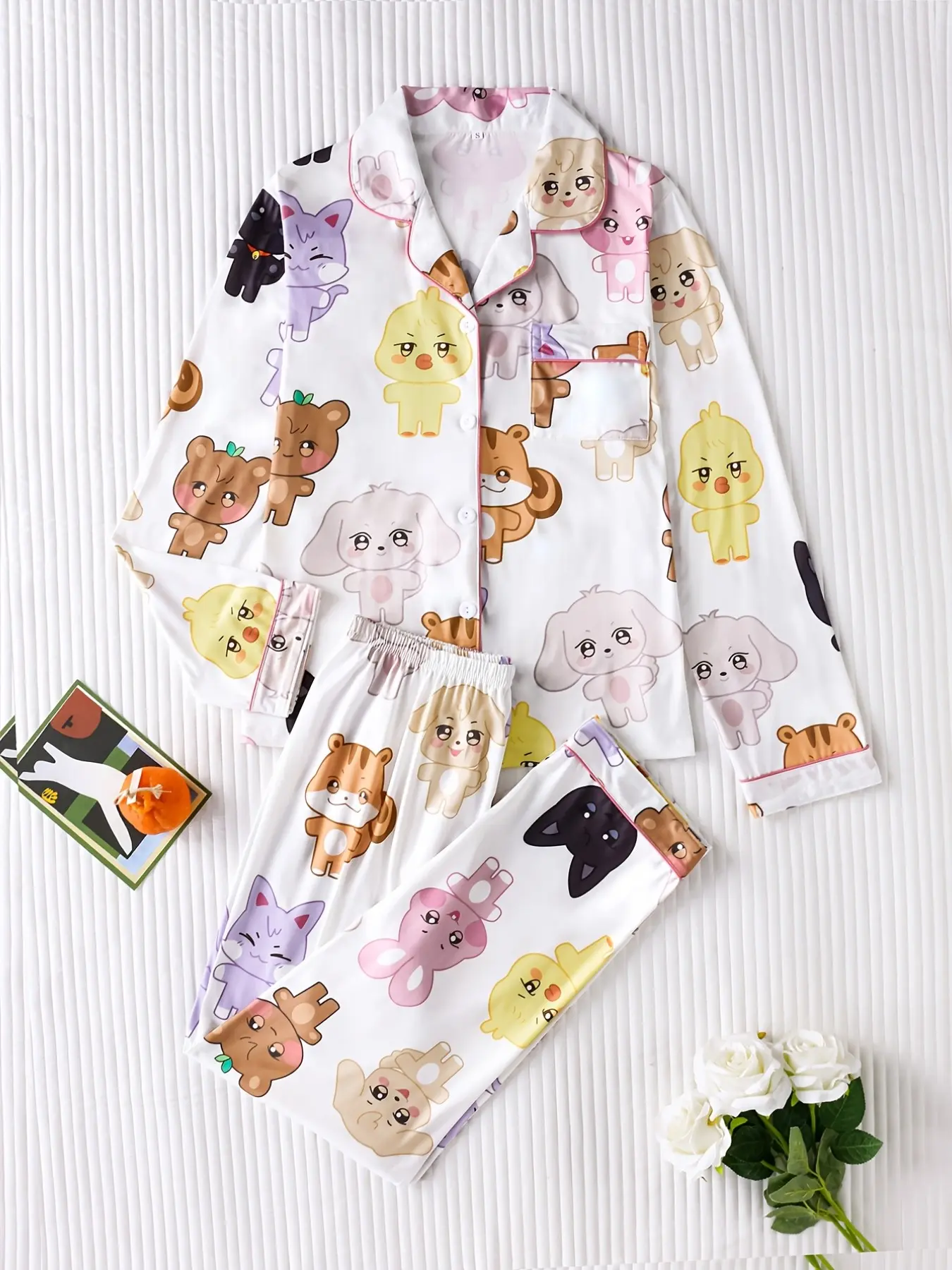Women's Cute Cartoon Print Pajama Set, Long Sleeve Fitted Sleepwear, Soft Smooth Fabric, All Seasons, Button Front, Comfortable Lounge, Loungewear