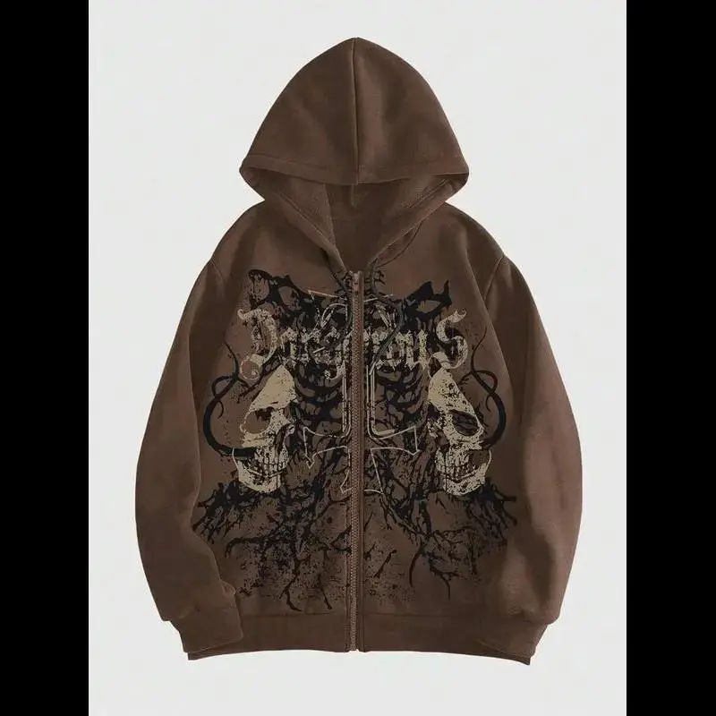 MEN Grunge Punk Men's Skull Letter Print Zipper Closure Hoodie, Long Sleeve, School